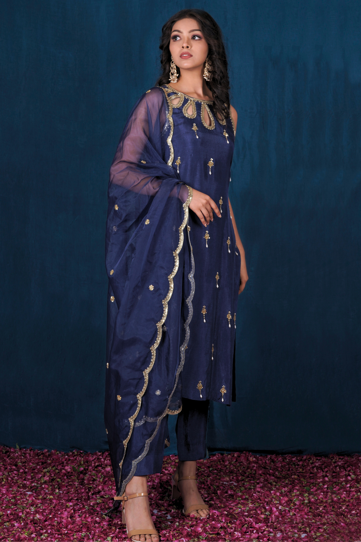 Dark Blue Latkan Opada Silk Kurta Set