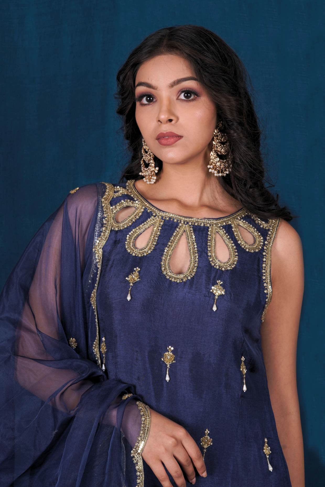Dark Blue Latkan Opada Silk Kurta Set