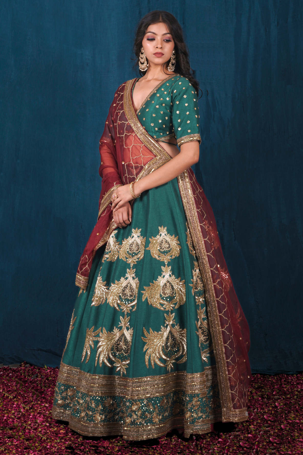 Green and Rust Maroon Silk Lehenga Set