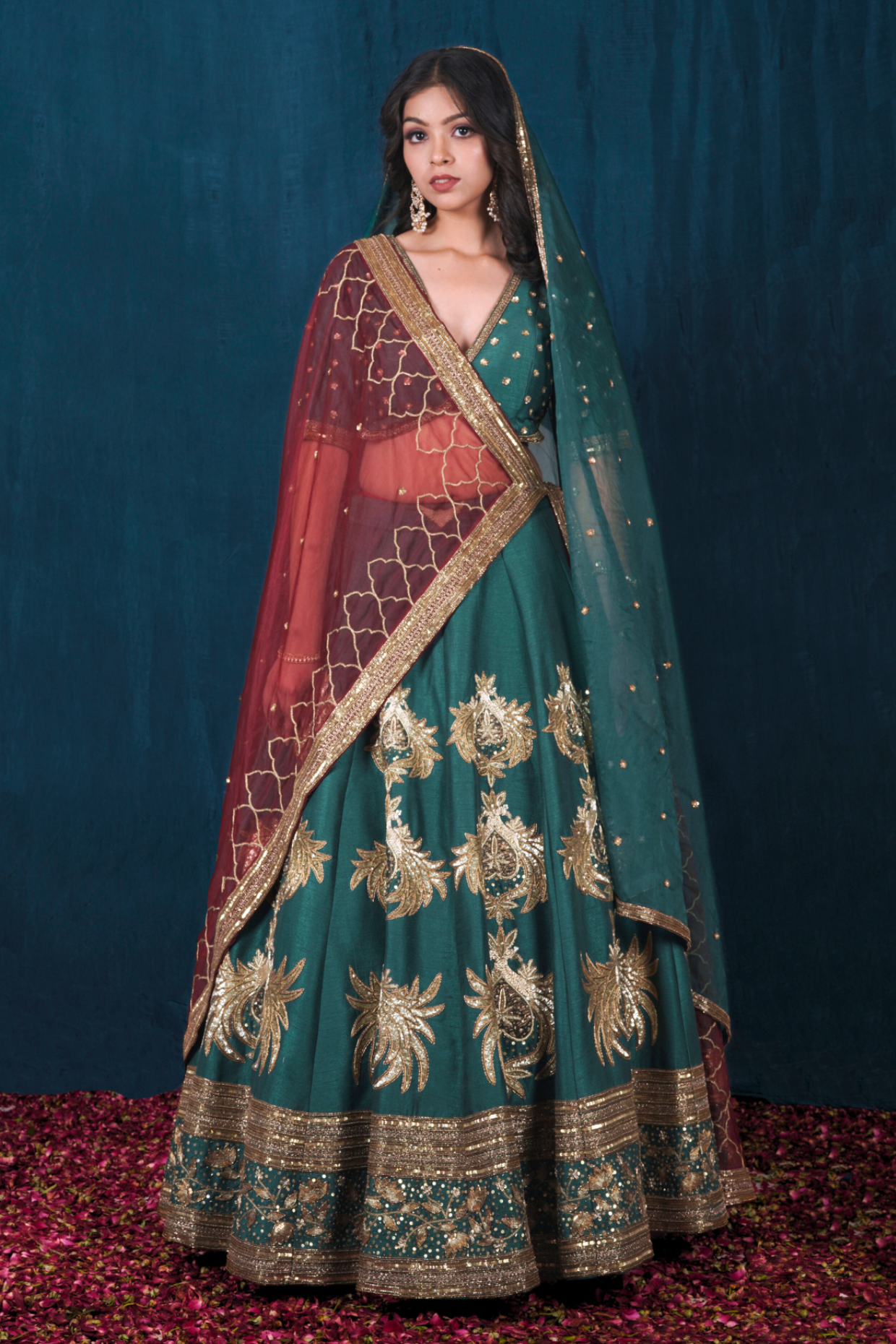Green and Rust Maroon Silk Lehenga Set with Veil Dupatta