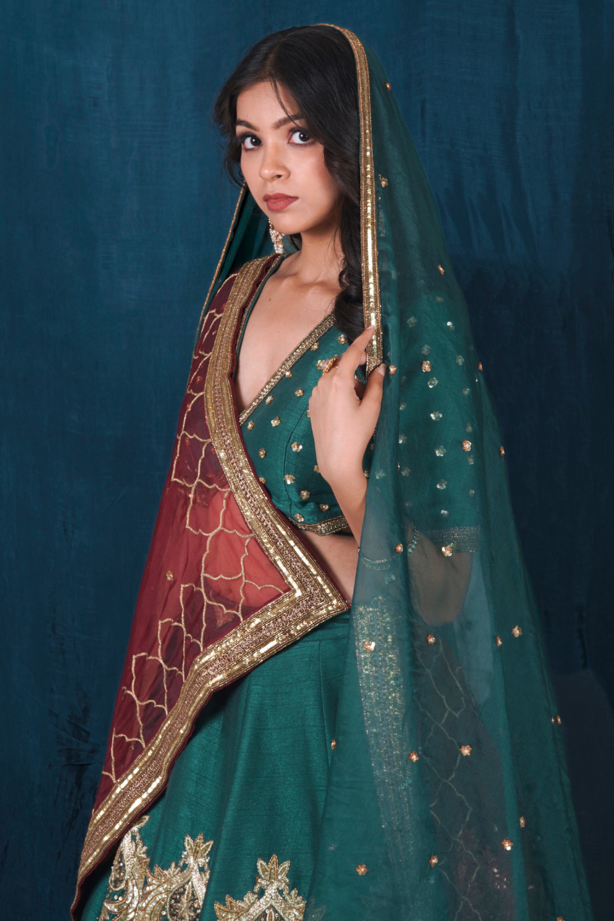 Green and Rust Maroon Silk Lehenga Set with Veil Dupatta