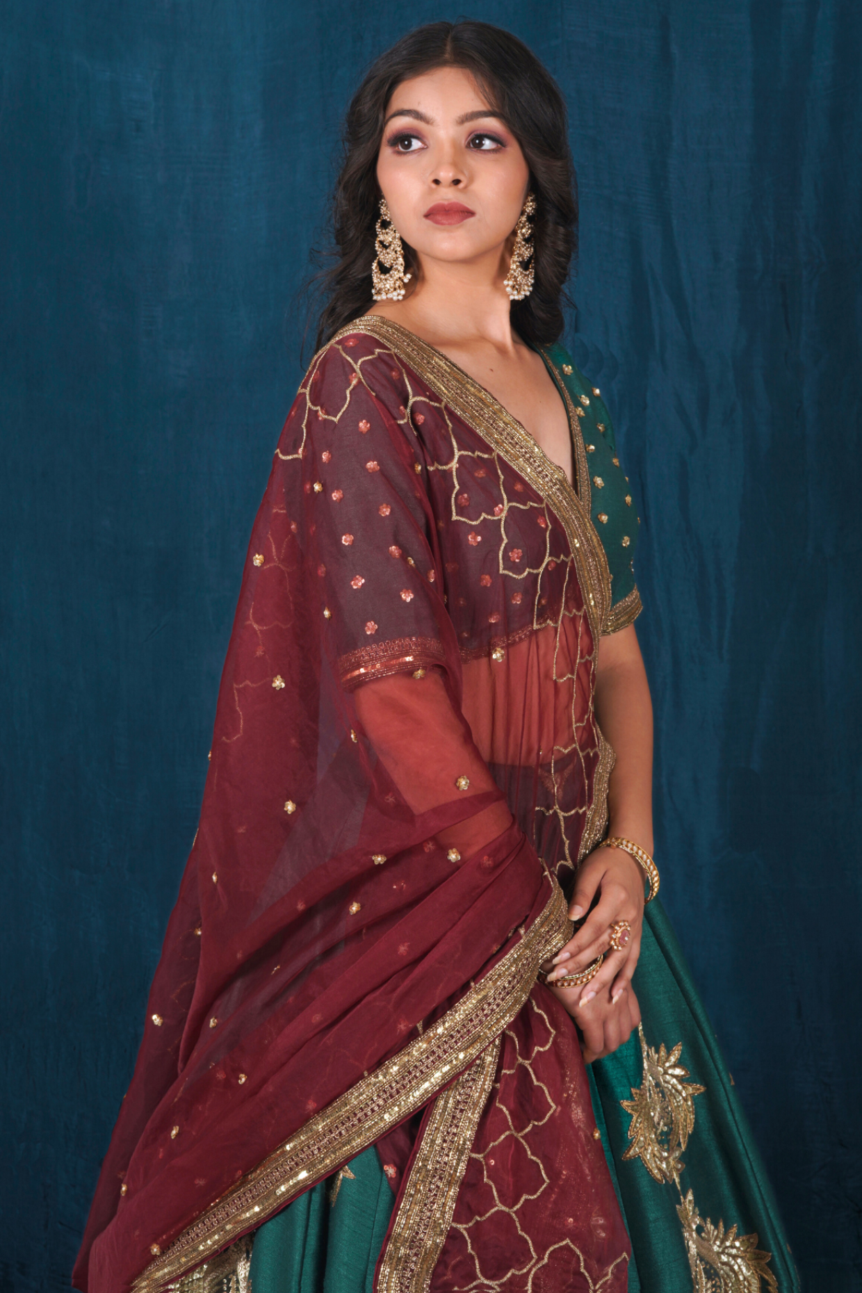 Green and Rust Maroon Silk Lehenga Set with Veil Dupatta