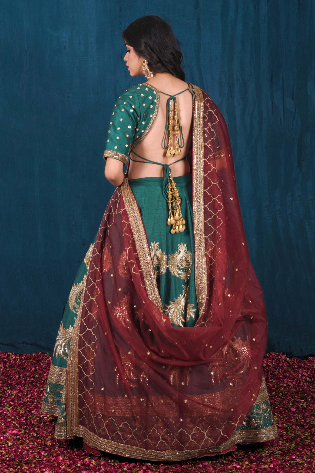 Green and Rust Maroon Silk Lehenga Set with Veil Dupatta