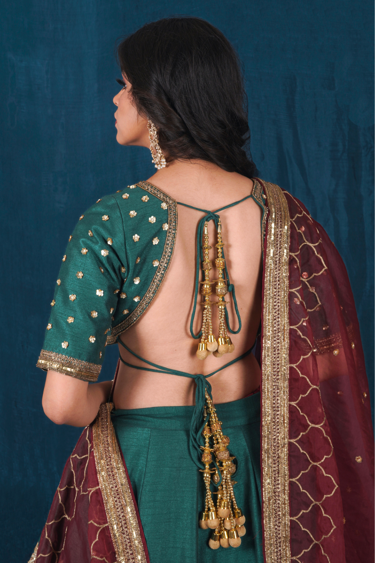 Green and Rust Maroon Silk Lehenga Set with Veil Dupatta