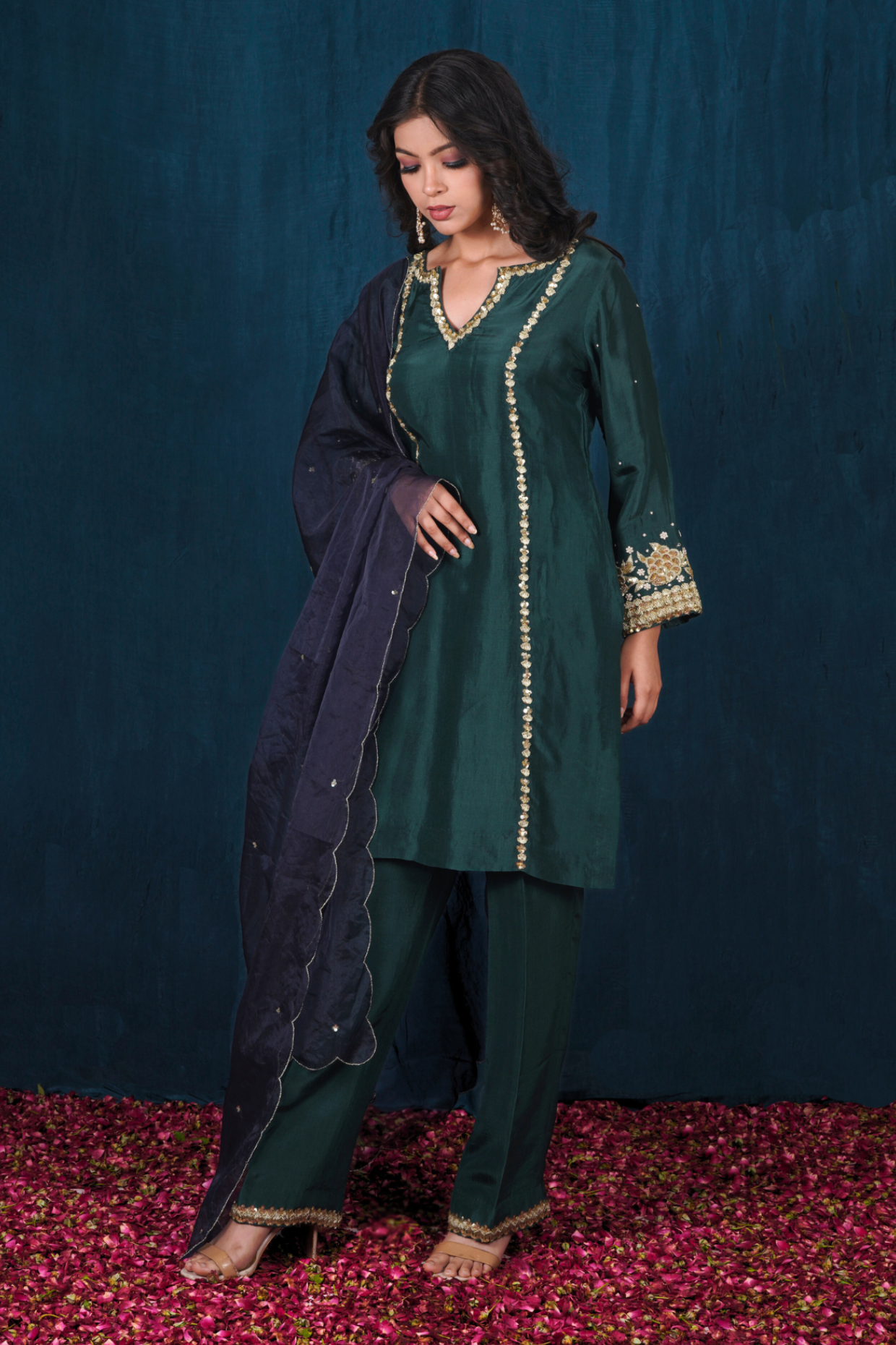 Green Opada Silk Short Kurta Set