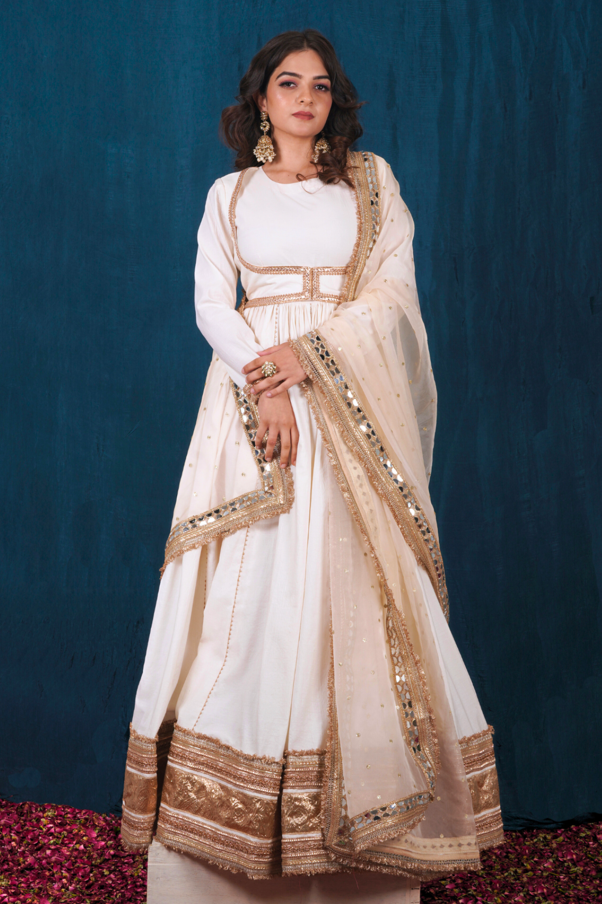 Off-White and Gold Opada Silk Anarkali Set with Heavy Dupatta
