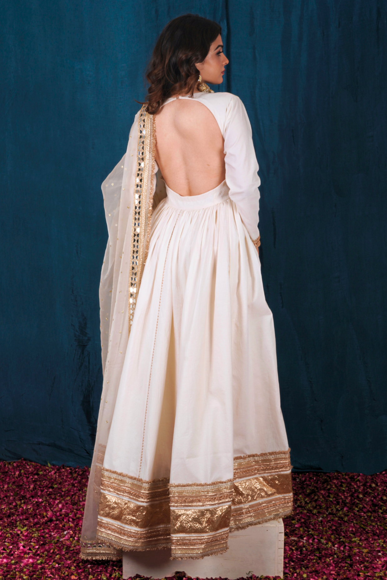 Off-White and Gold Opada Silk Anarkali Set with Heavy Dupatta