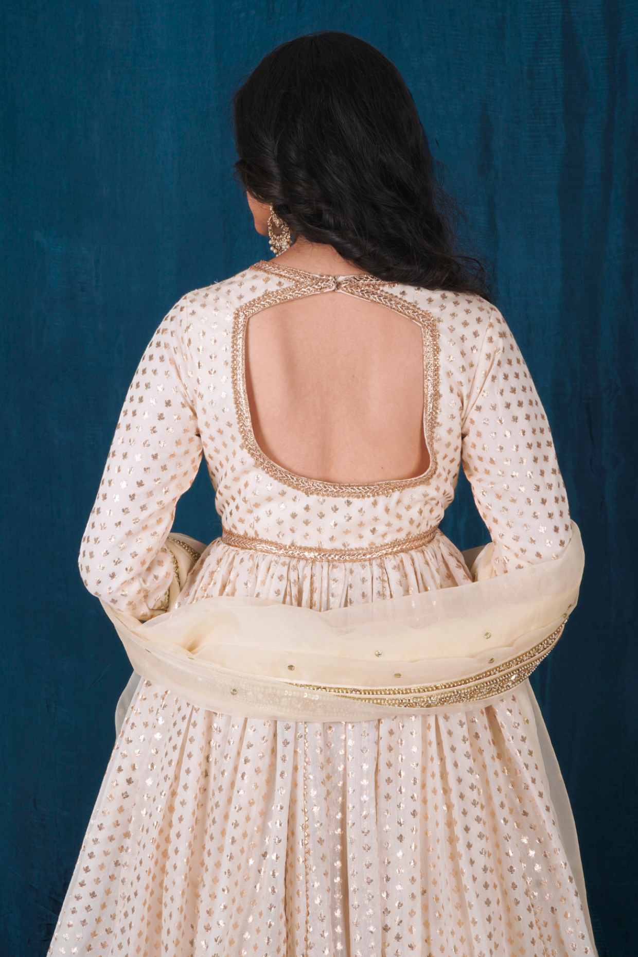 Off-White and Gold Banarasi Chanderi Anarkali Set with Skirt