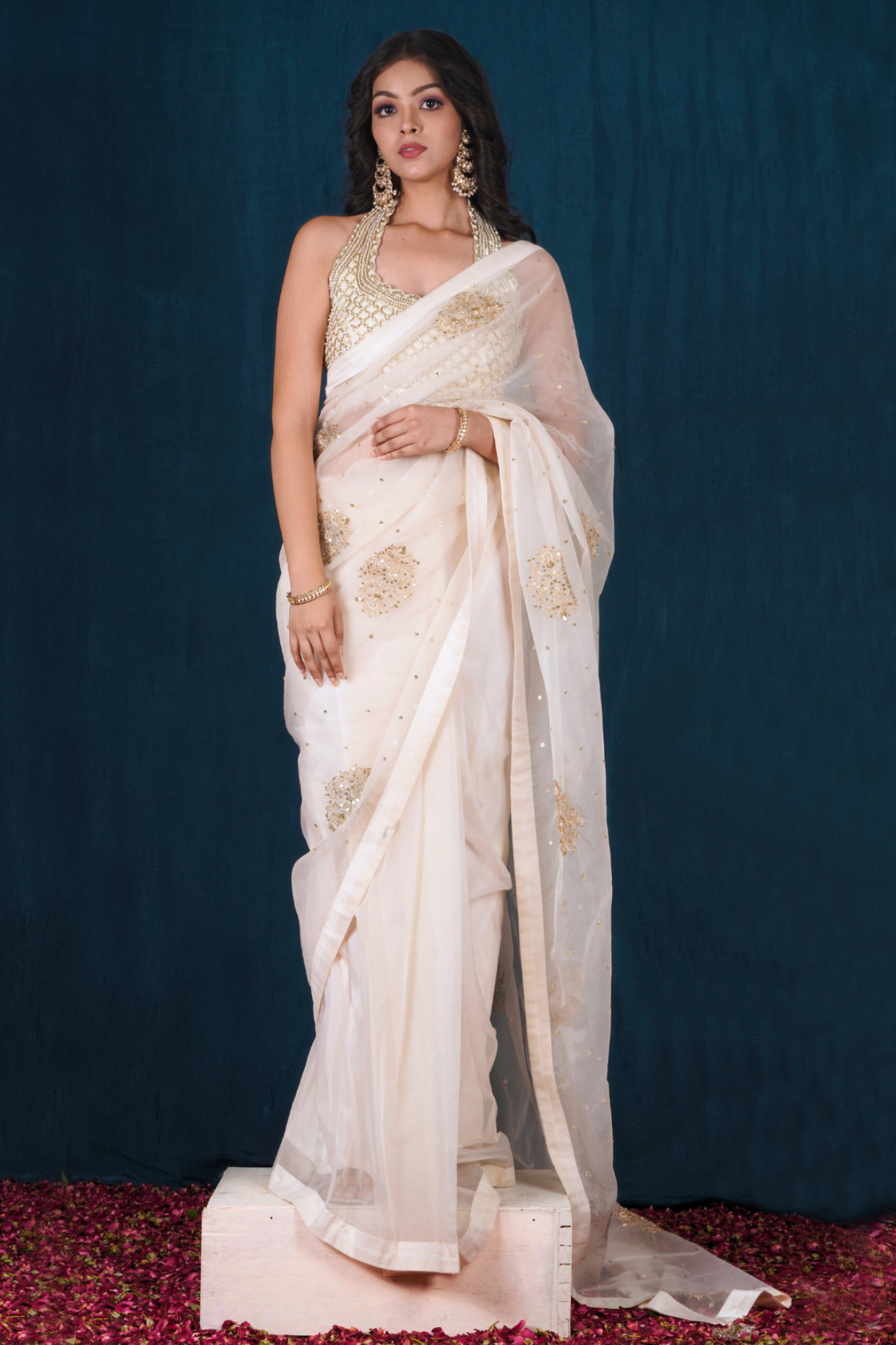 Off-white Pre-draped Organza Saree Set with Blouse