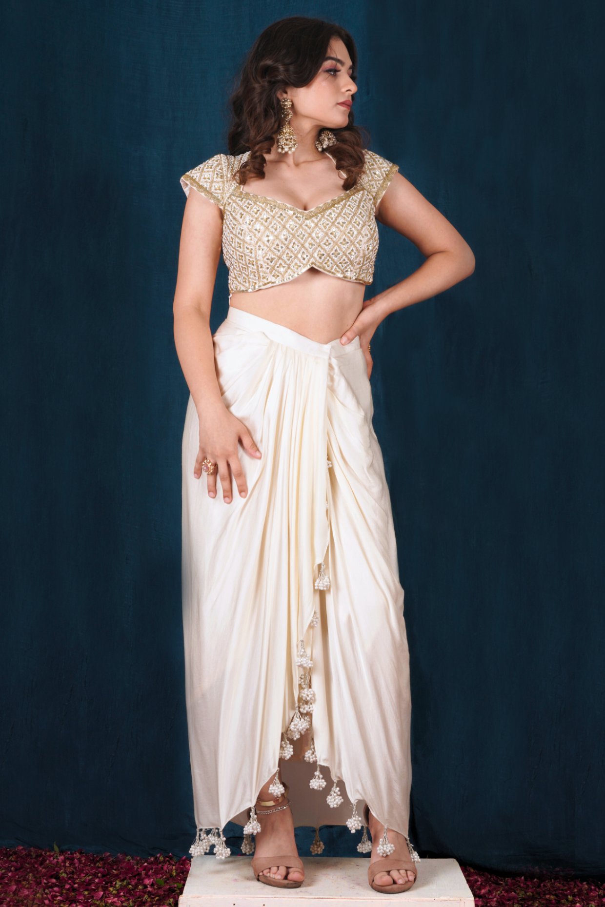 Off-White Drape Skirt and Blouse Set