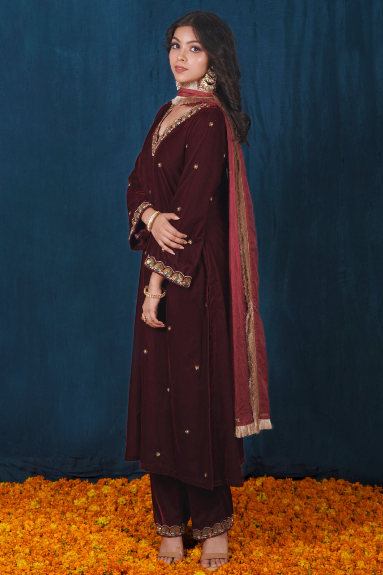 Red Velvet Kurta Set