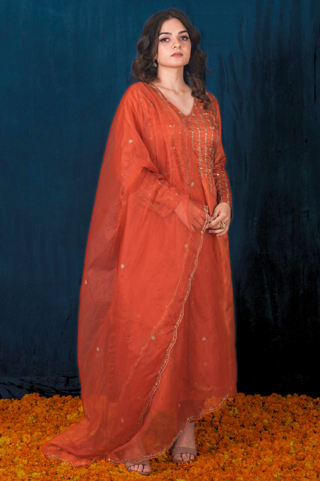 Rust Orange Silk Kurta Set