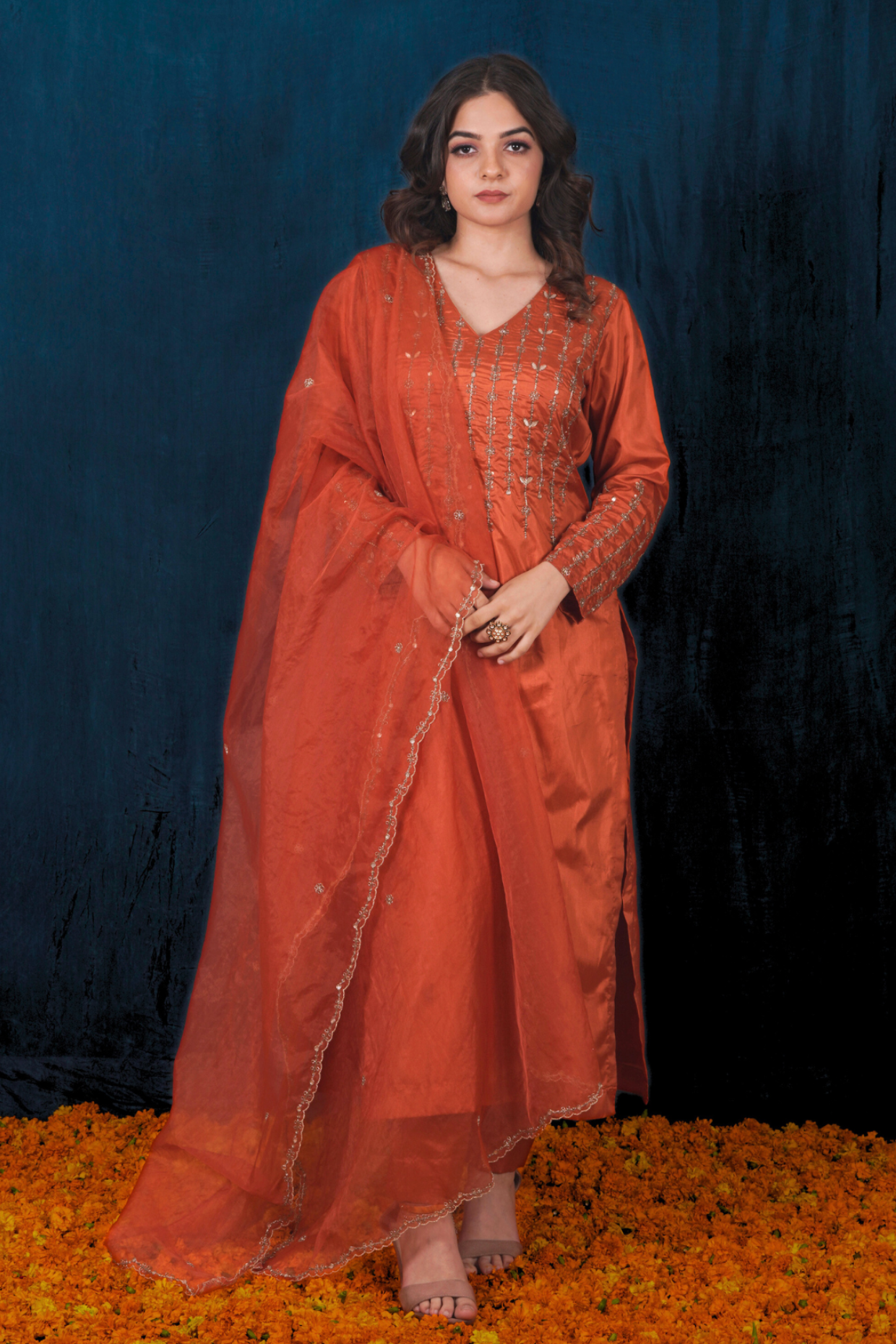 Rust Orange Silk Kurta Set