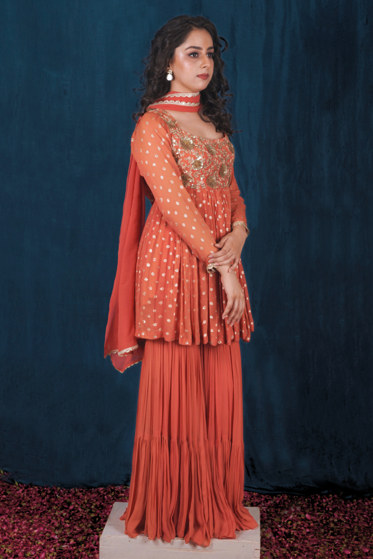 Rust Orange Banarasi Georgette Peplum and Sharara Set