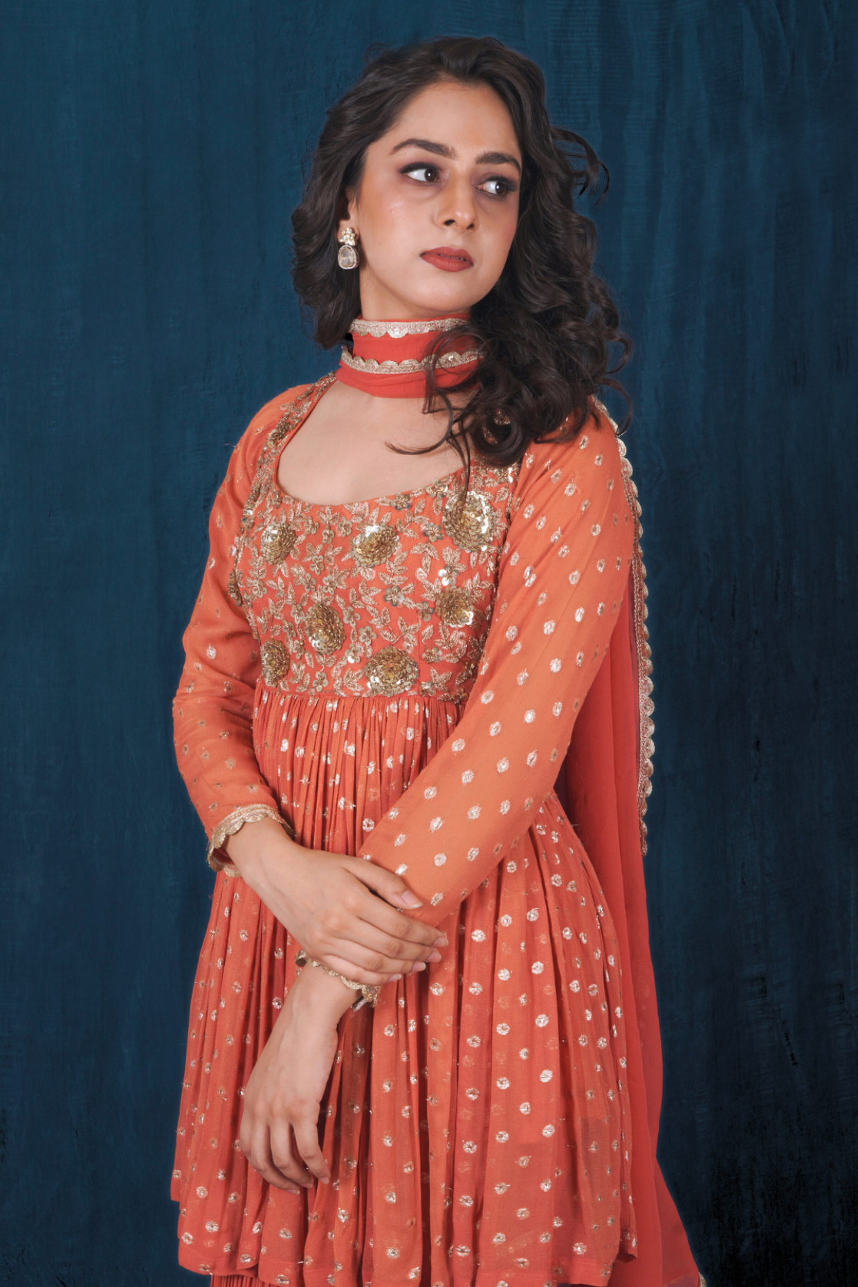 Rust Orange Banarasi Georgette Peplum and Sharara Set