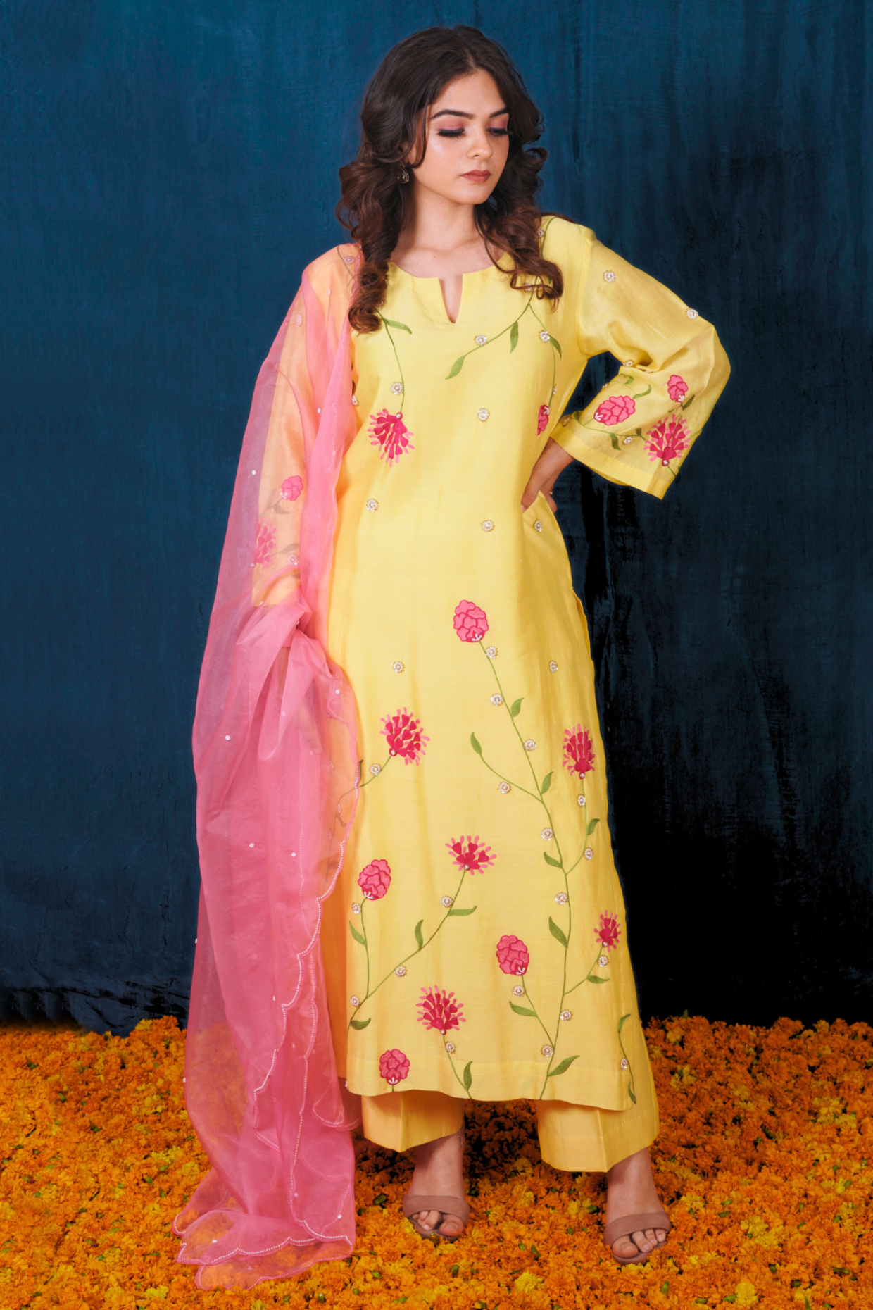 Yellow and Pink Silk Chanderi Kurta Set