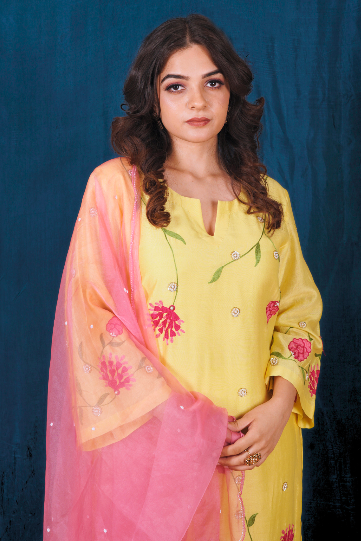 Yellow and Pink Silk Chanderi Kurta Set