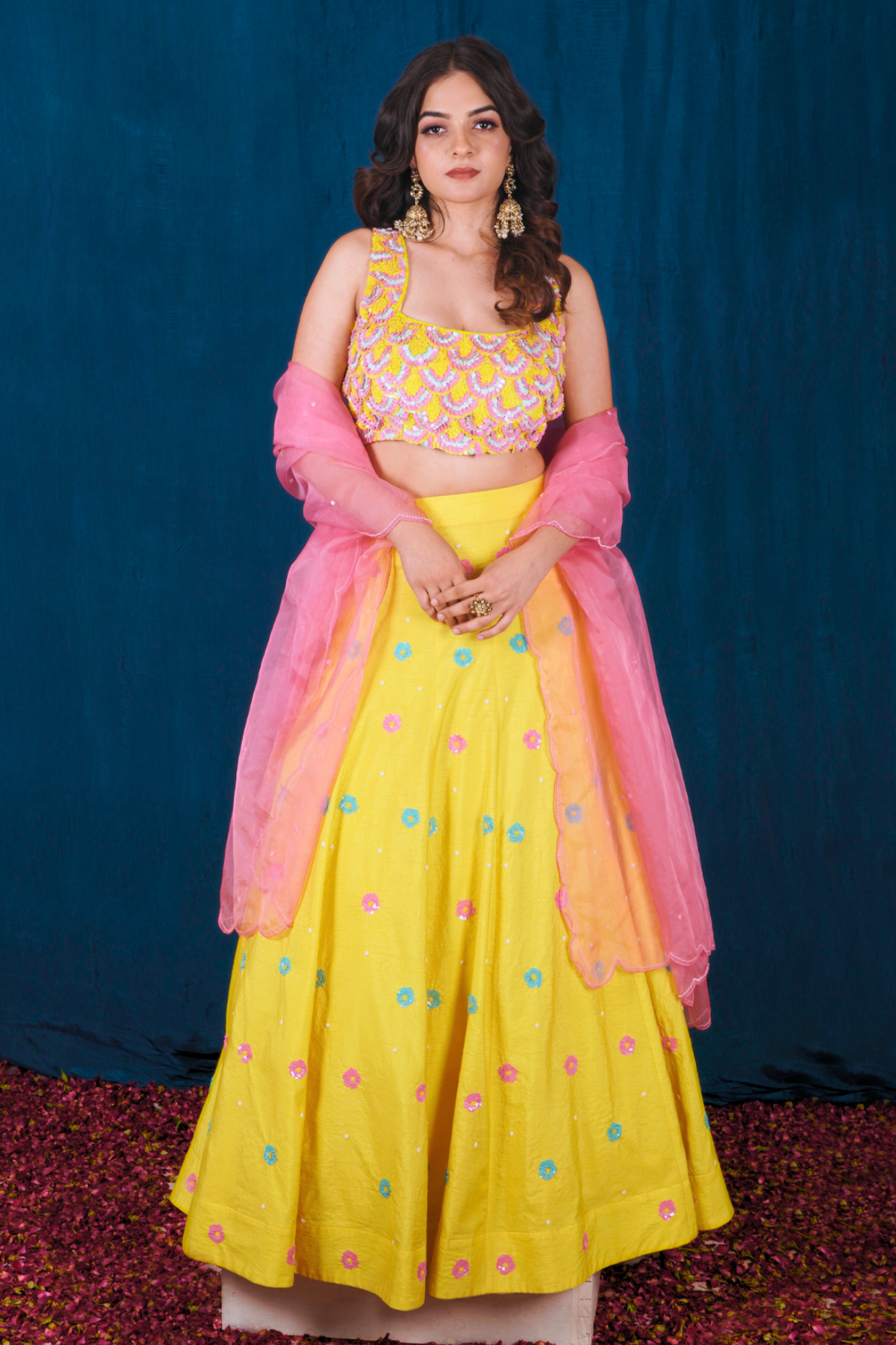 Yellow and Pink Dupion Lehenga Set