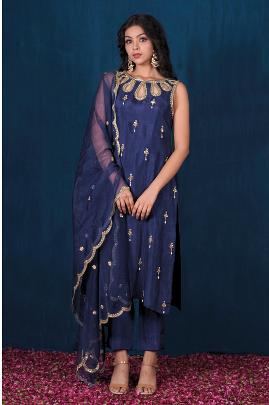 Dark Blue Latkan Opada Silk Kurta Set