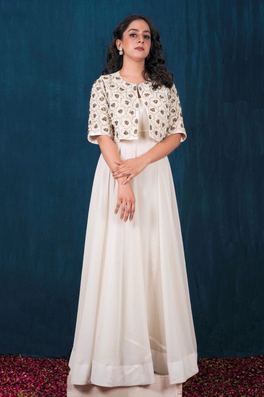 Off-White Georgette Jacket and Anarkali Set