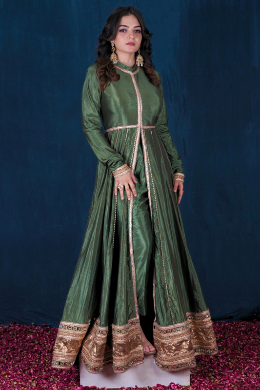 Green Front-Open Silk Anarkali Set