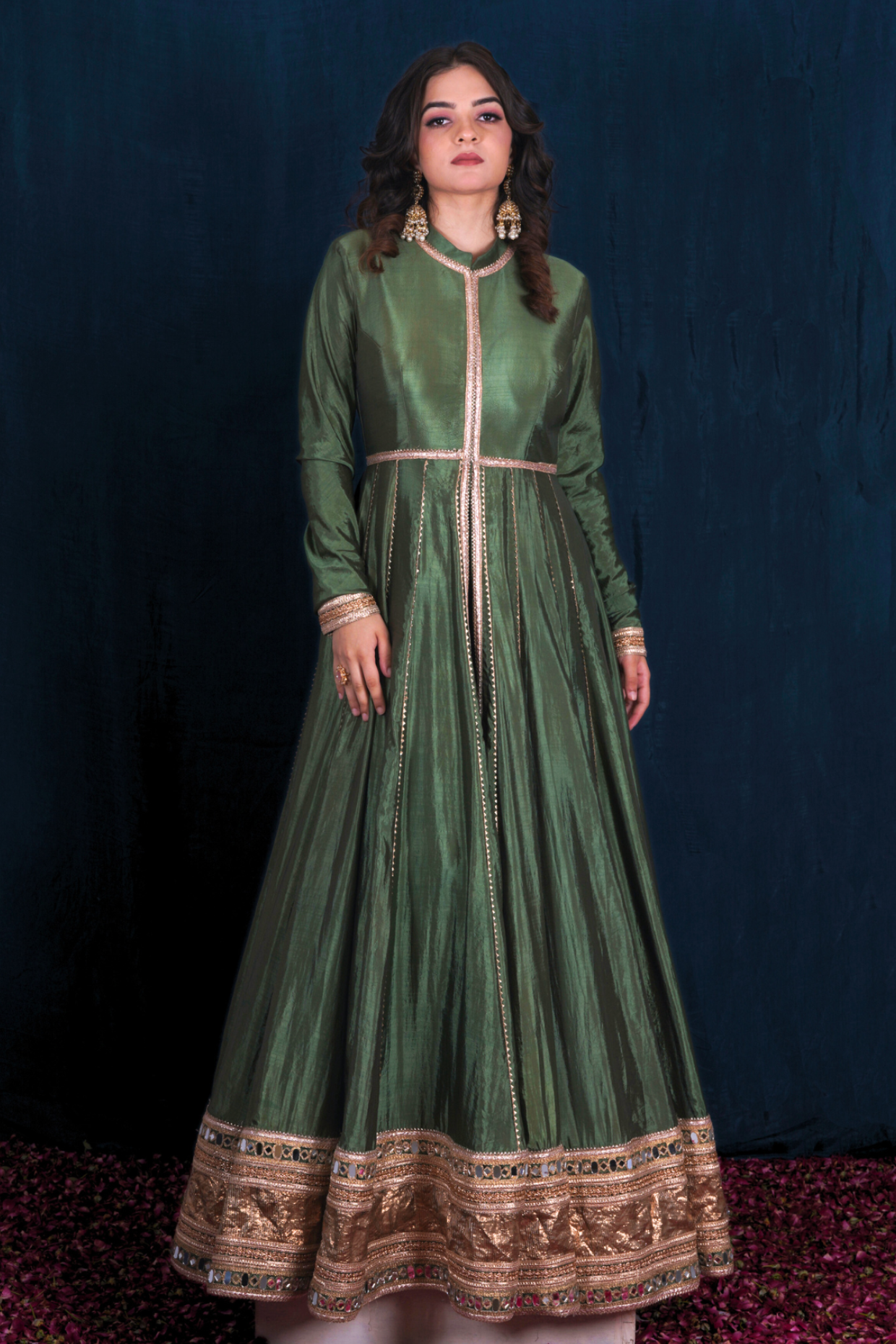 Green Front-Open Silk Anarkali Set