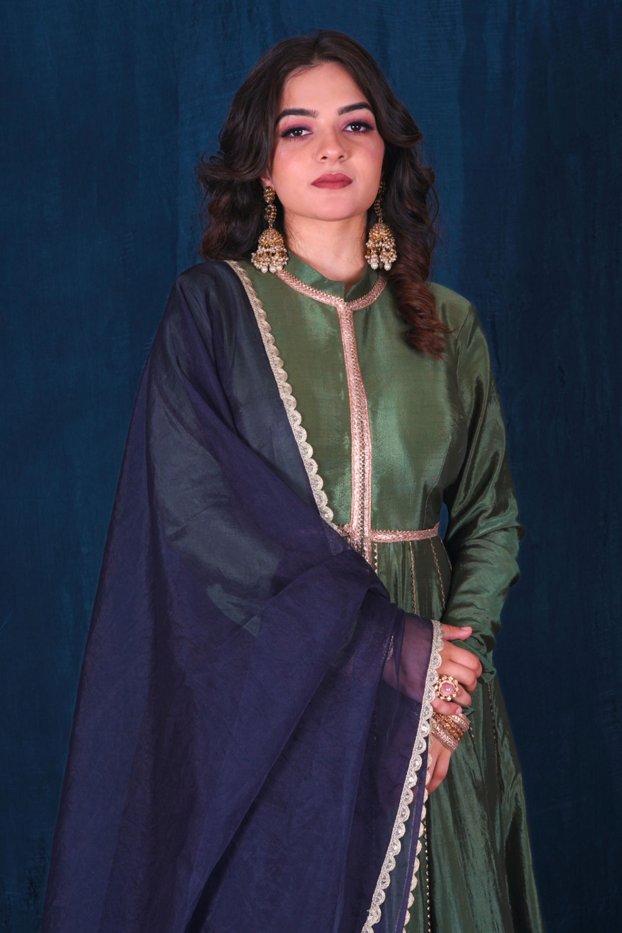 Green Front-Open Silk Anarkali Set