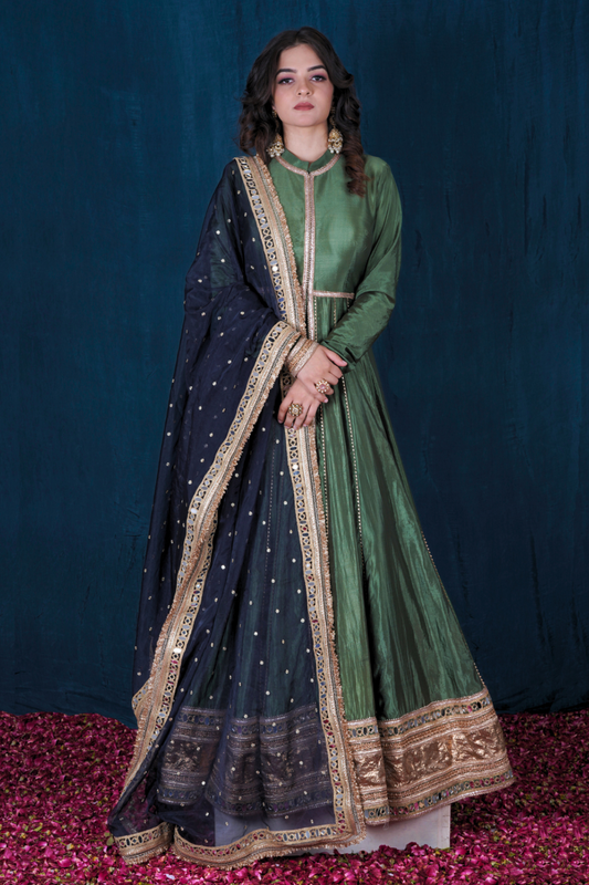 Green Front-Open Silk Anarkali Set with Blue Heavy Dupatta