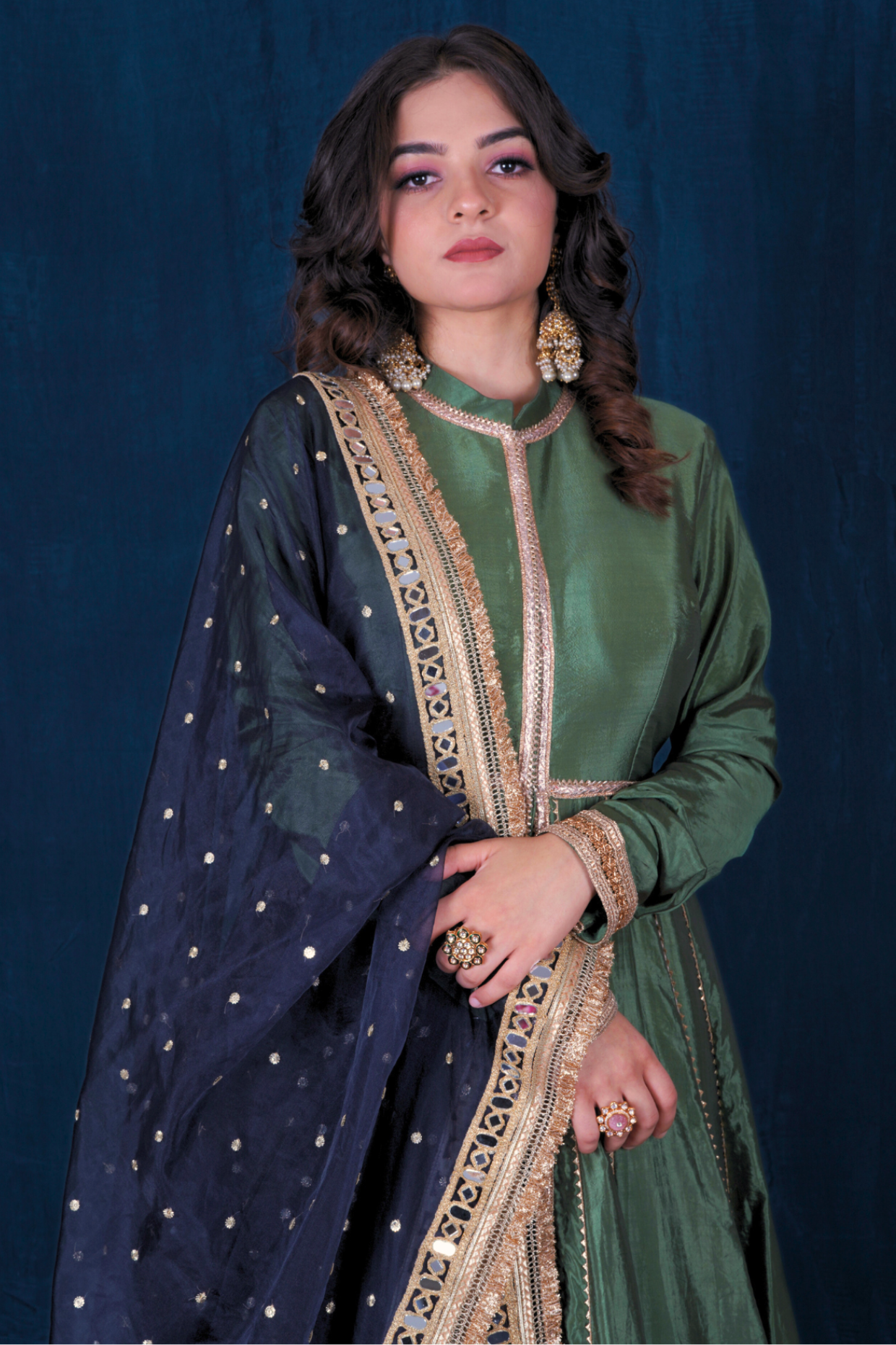 Green Front-Open Silk Anarkali Set with Blue Heavy Dupatta