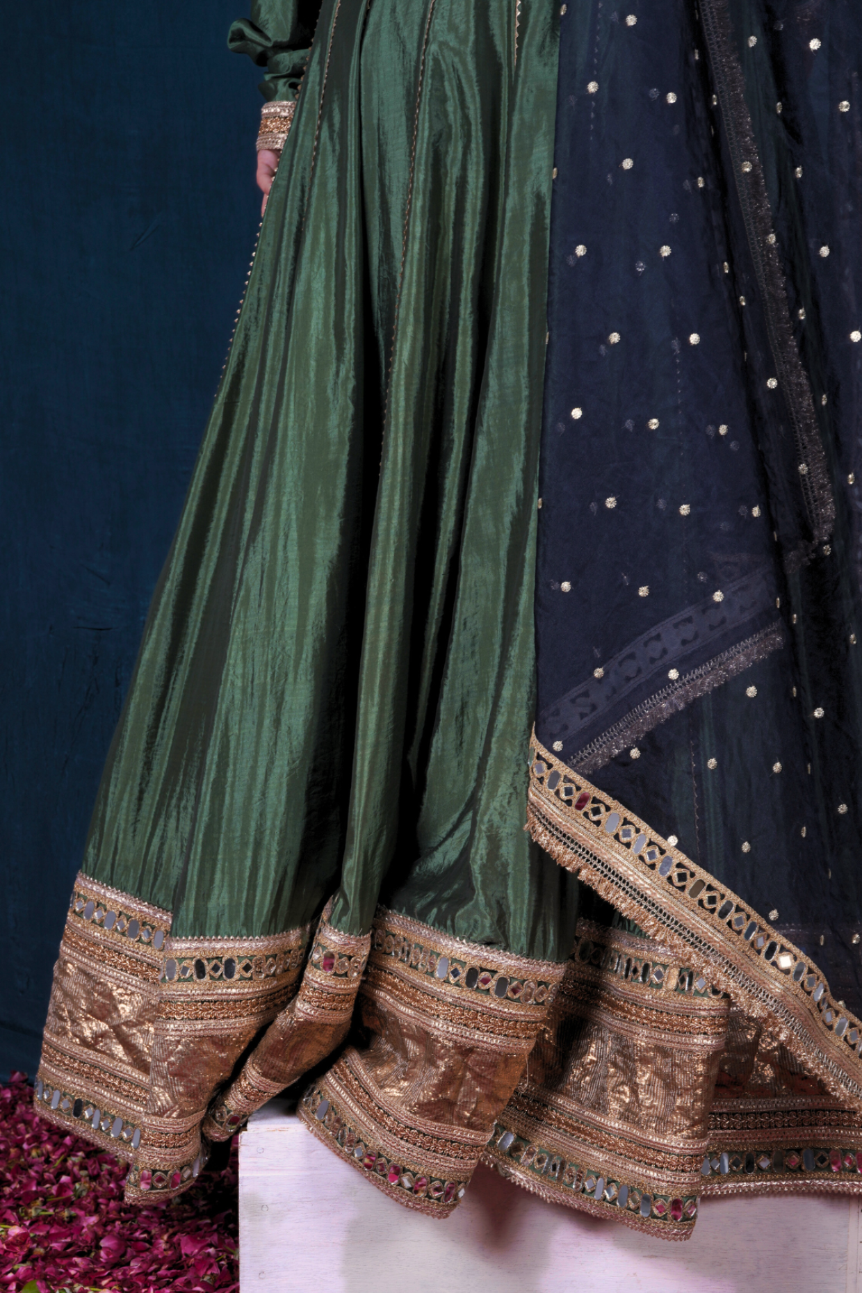 Green Front-Open Silk Anarkali Set with Blue Heavy Dupatta