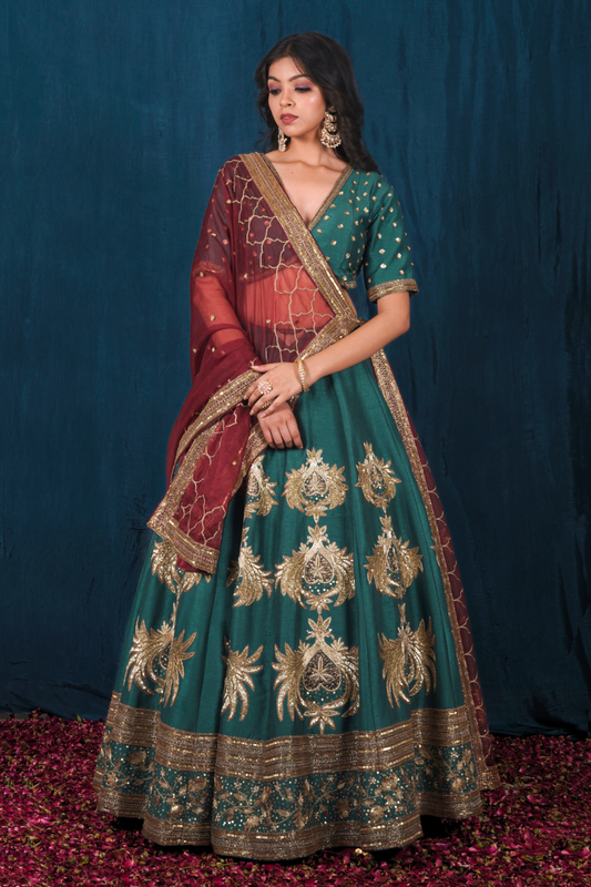 Green and Rust Maroon Silk Lehenga Set