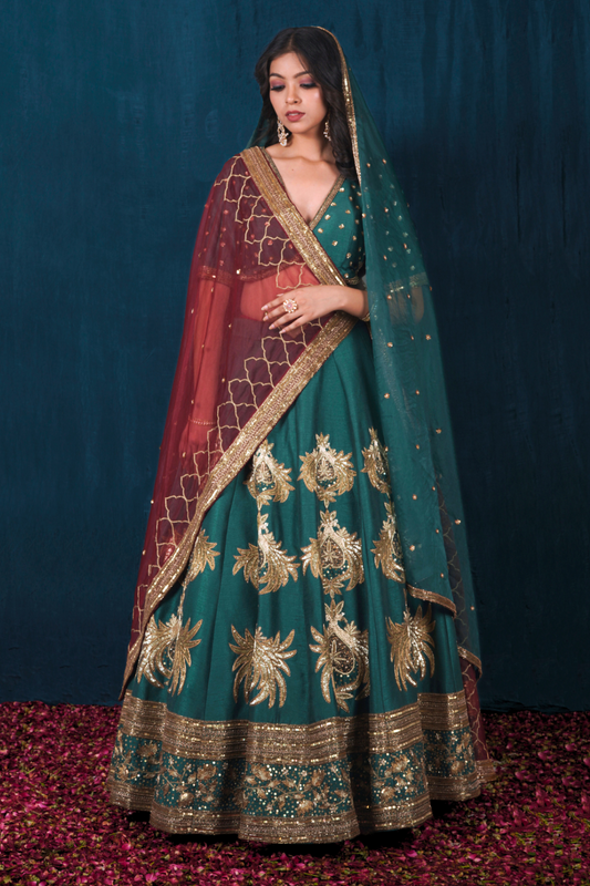 Green and Rust Maroon Silk Lehenga Set with Veil Dupatta