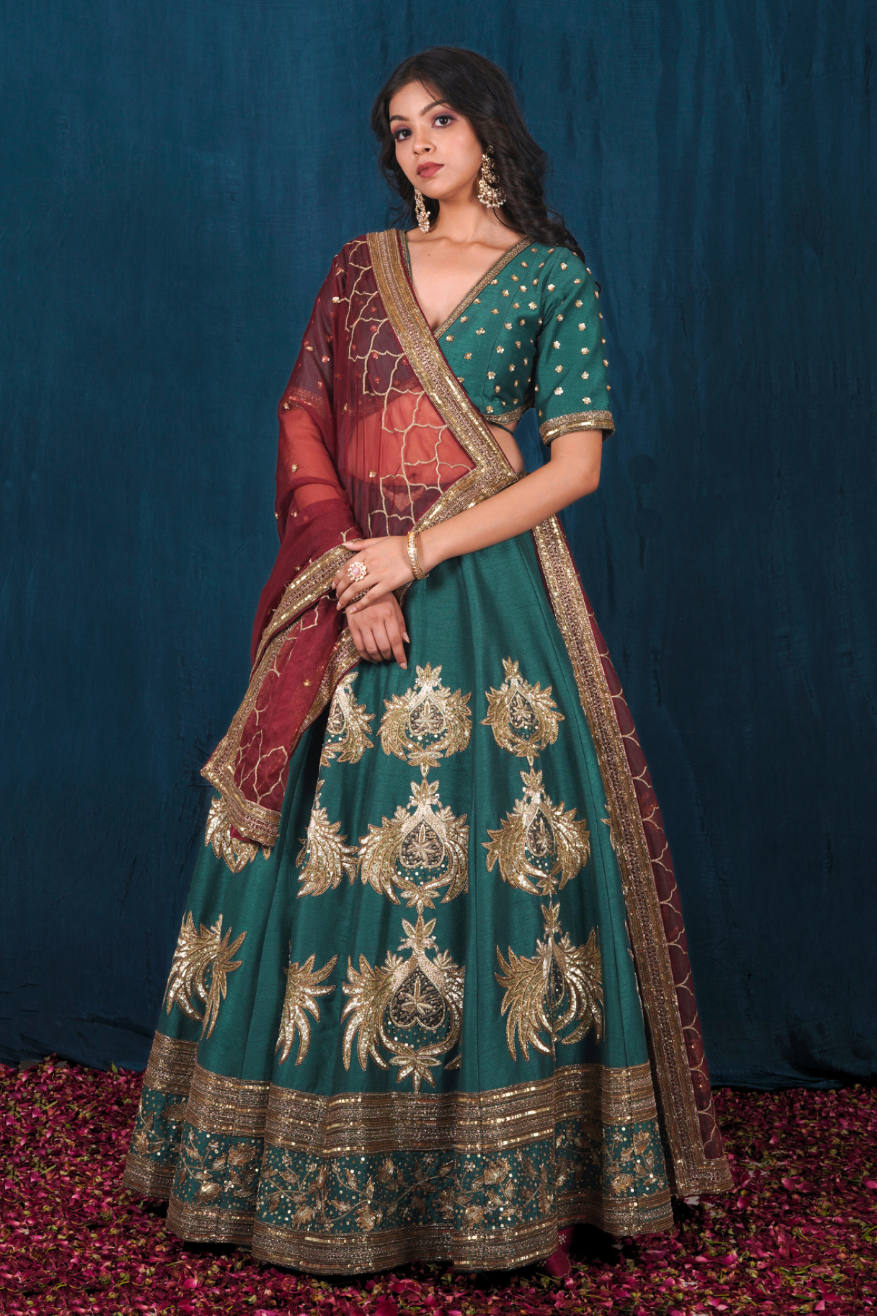 Green and Rust Maroon Silk Lehenga Set with Veil Dupatta
