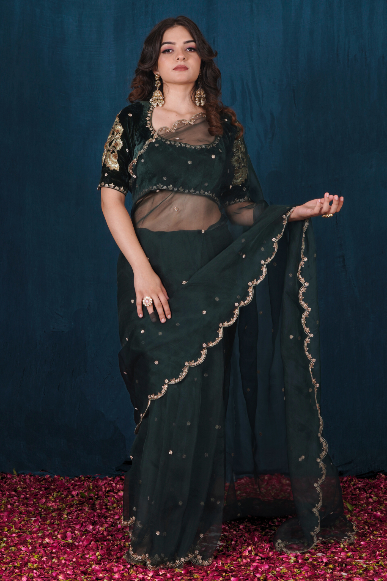 Green Silk Velvet and Silk Organza Saree Set