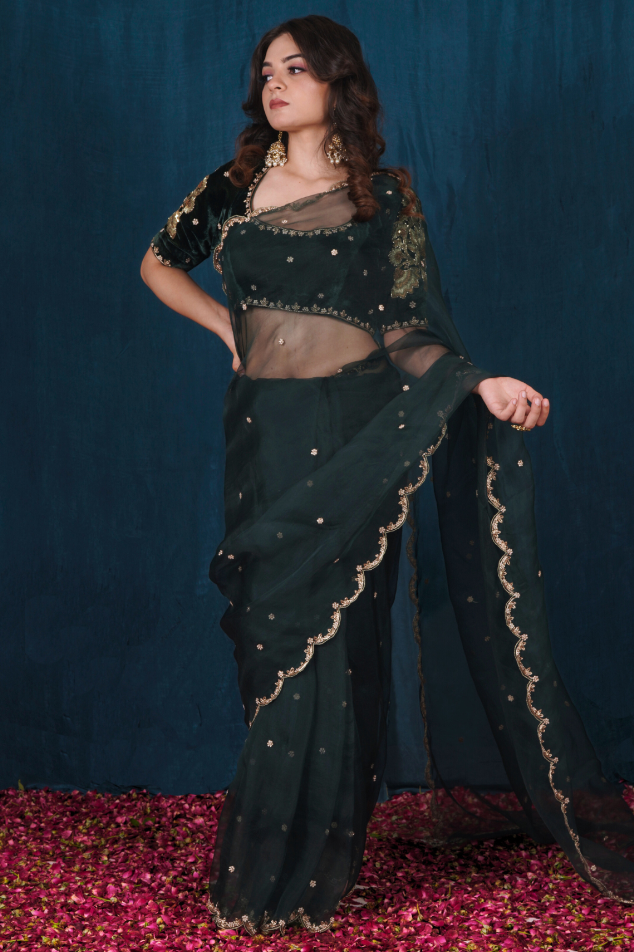 Green Silk Velvet and Silk Organza Saree Set