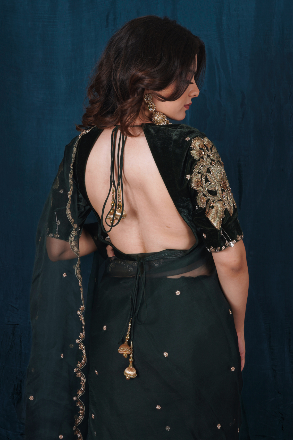 Green Silk Velvet and Silk Organza Saree Set