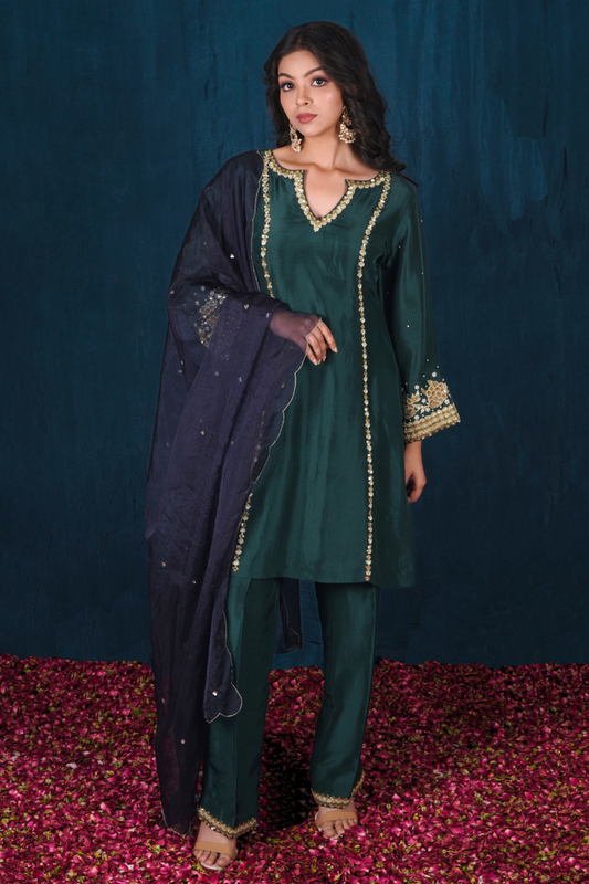 Green Opada Silk Short Kurta Set