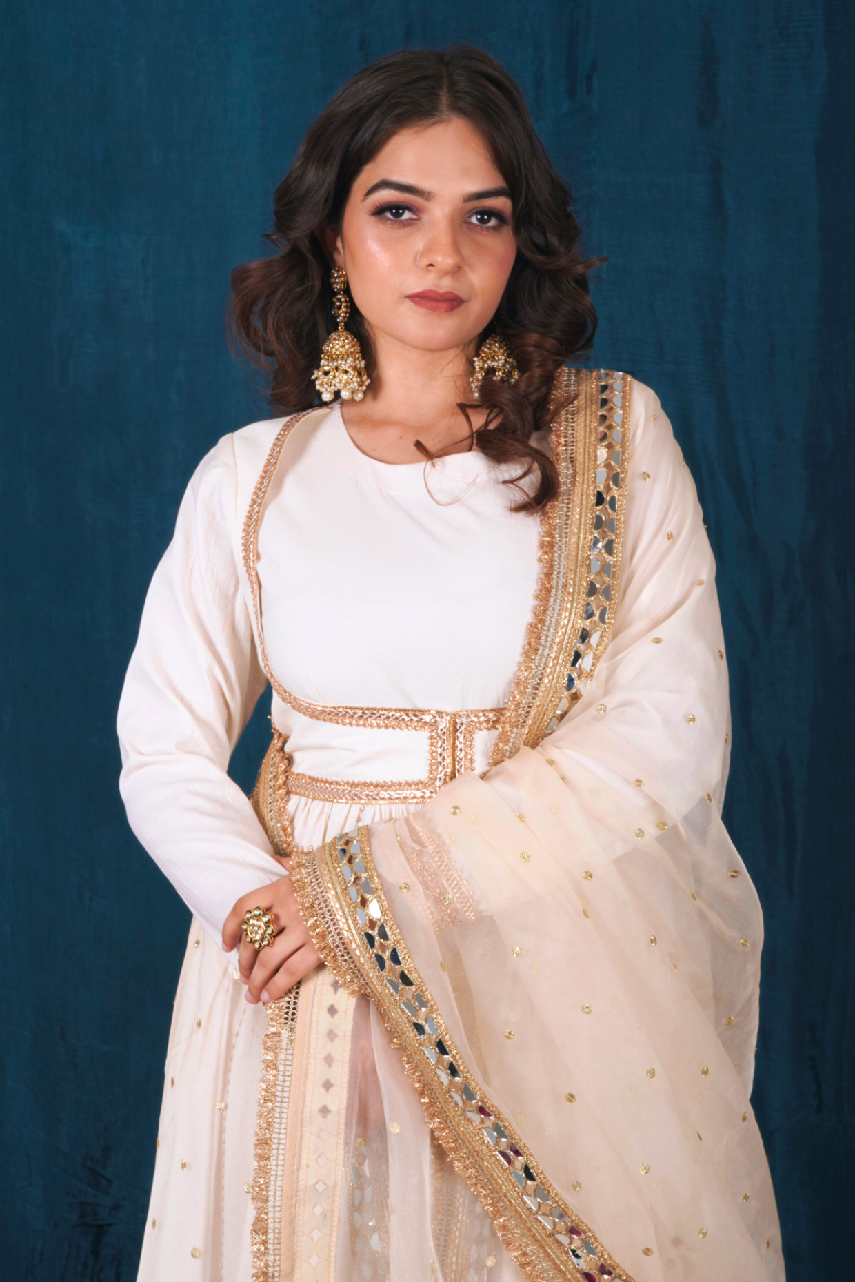 Off-White and Gold Opada Silk Anarkali Set with Heavy Dupatta