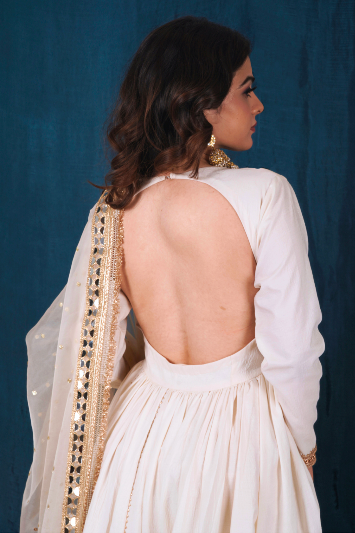 Off-White and Gold Opada Silk Anarkali Set with Heavy Dupatta