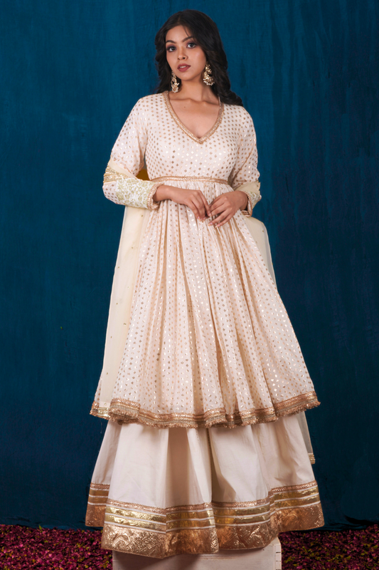 Off-White and Gold Banarasi Chanderi Anarkali Set with Skirt