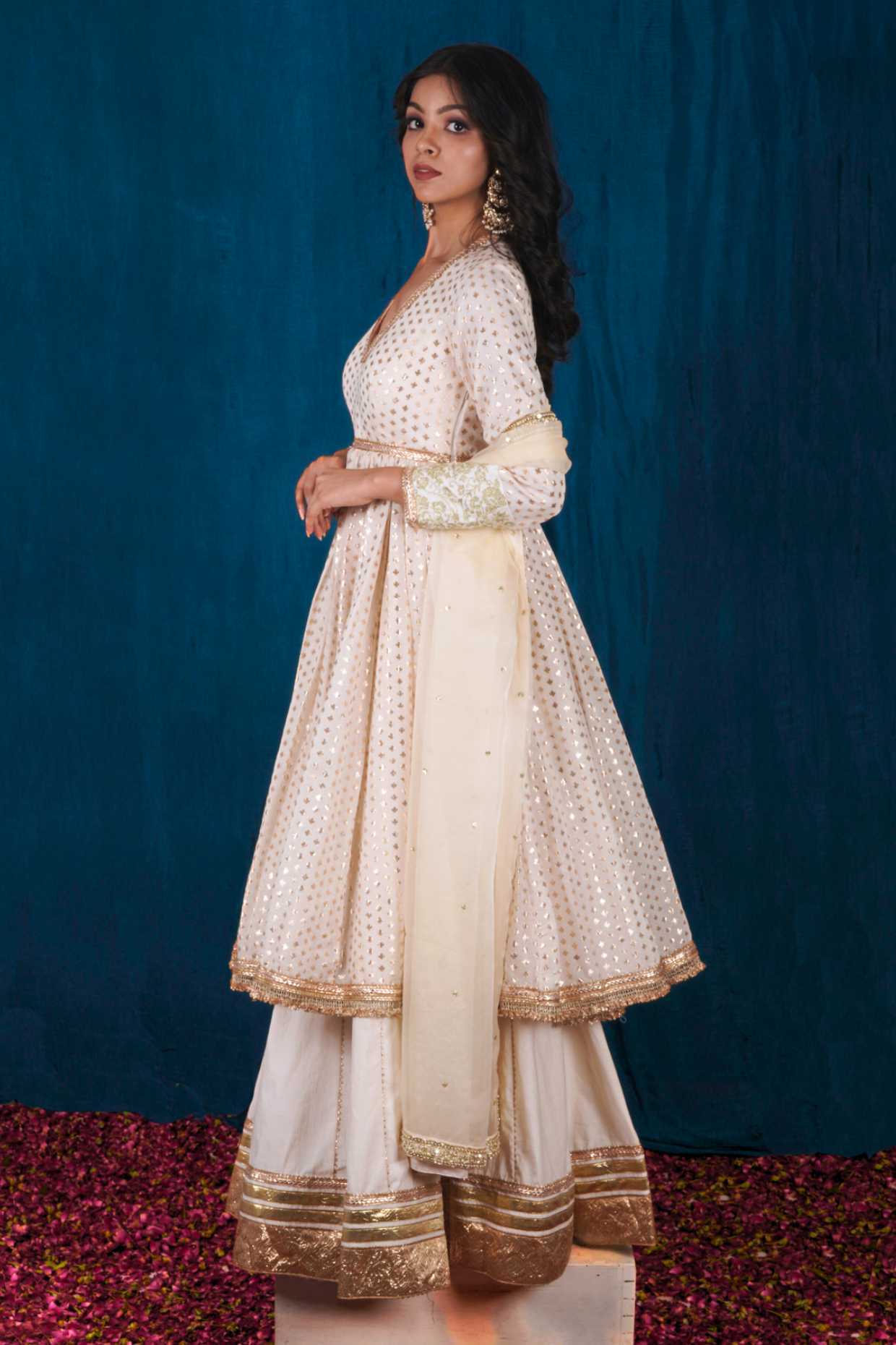 Off-White and Gold Banarasi Chanderi Anarkali Set with Skirt