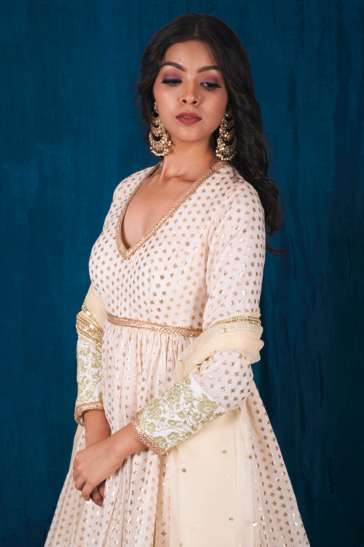 Off-White and Gold Banarasi Chanderi Anarkali Set with Skirt
