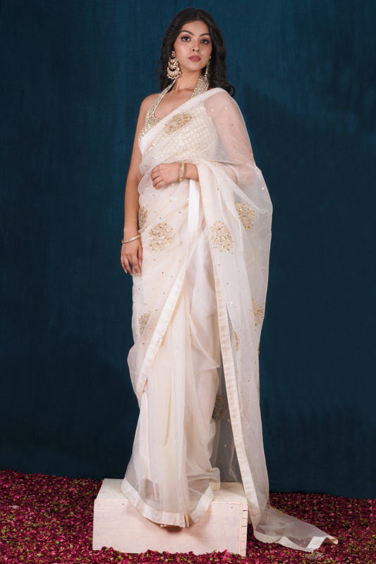 Off-white Pre-draped Organza Saree Set with Blouse