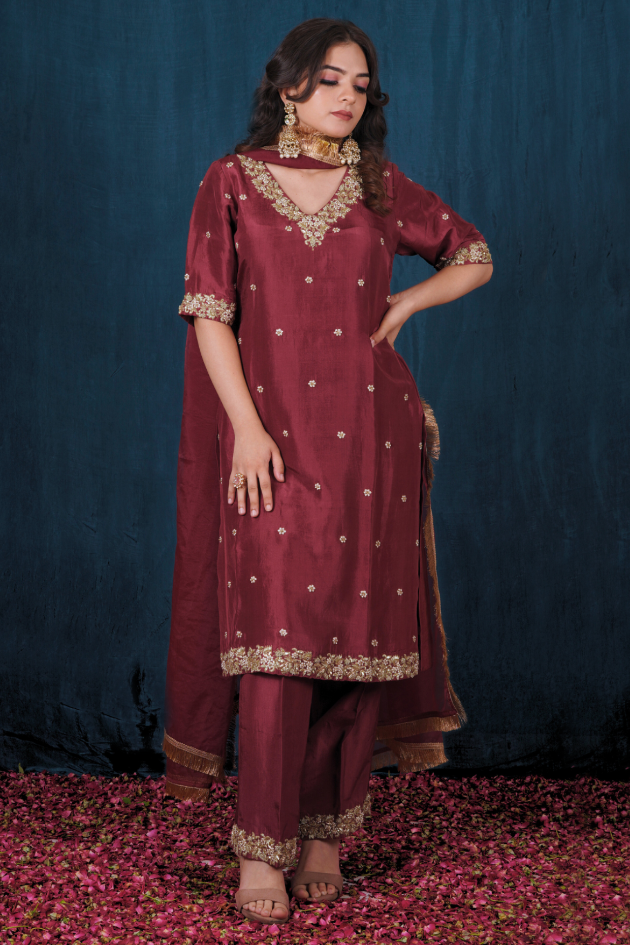 Rust Red Opada Silk Kurta Set