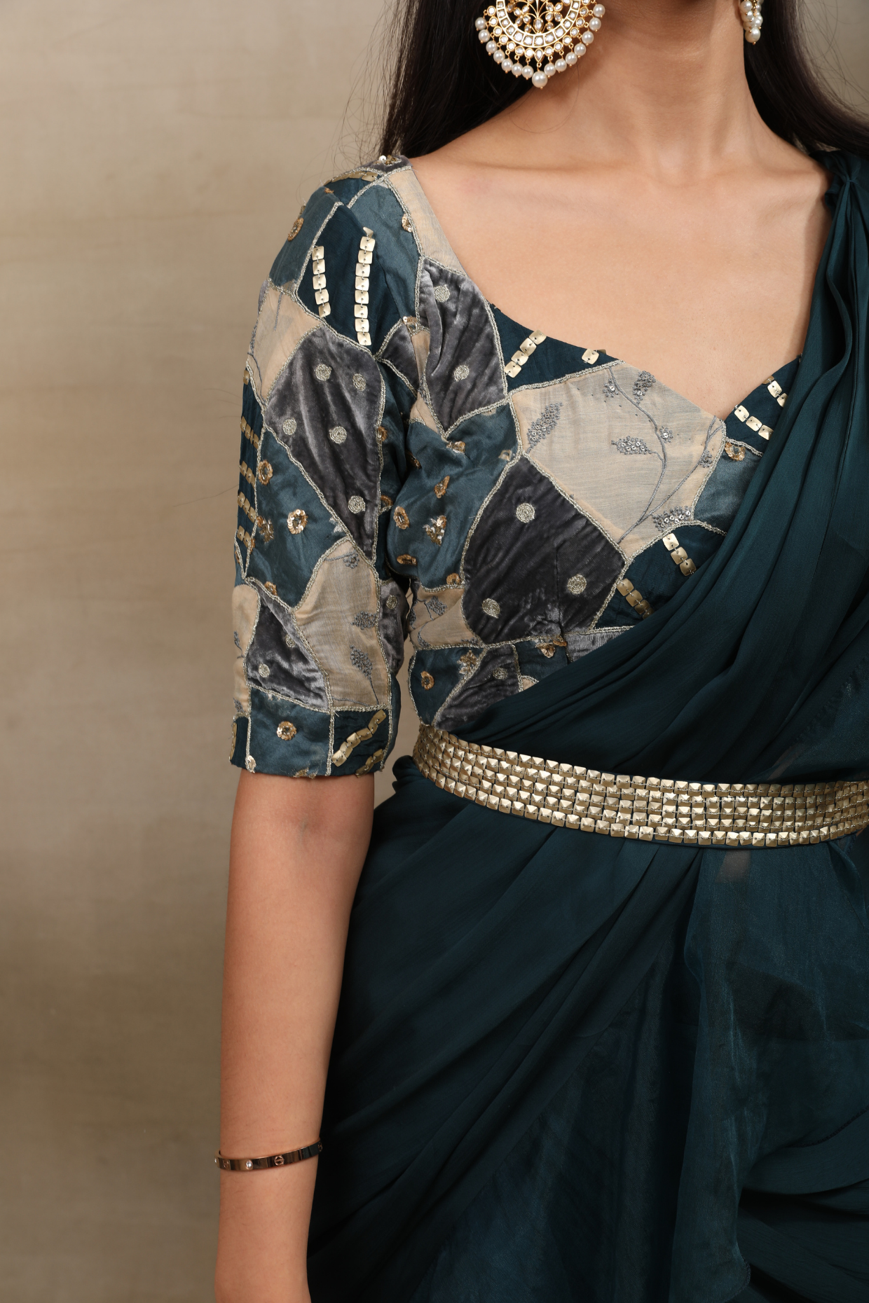 Teal Draped Saree with Patchwork Blouse Set