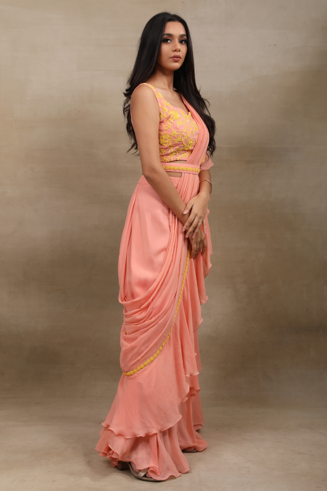 Peach Georgette Drape Saree Set