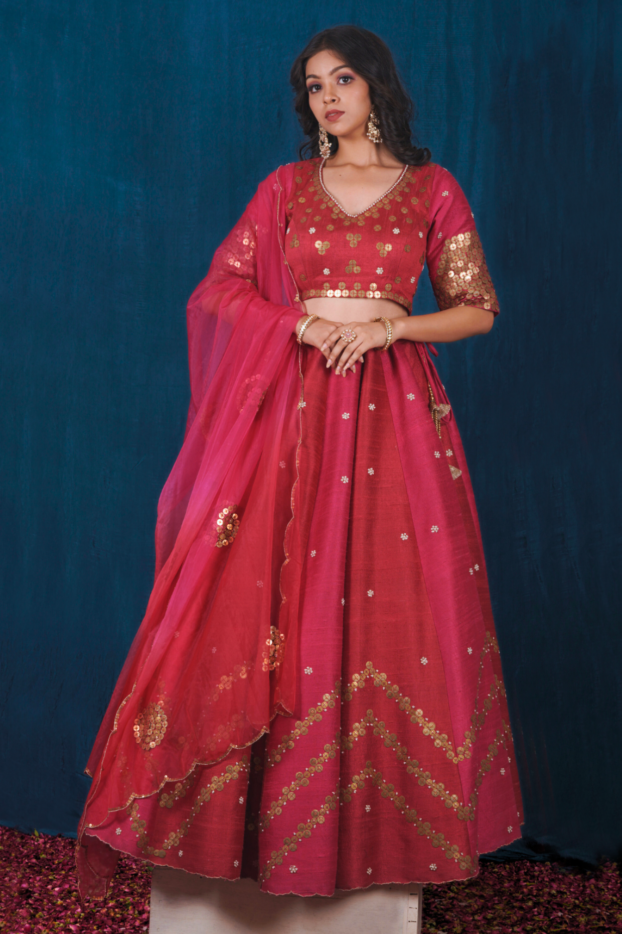 Raw Silk Pink and Red Lehenga Set