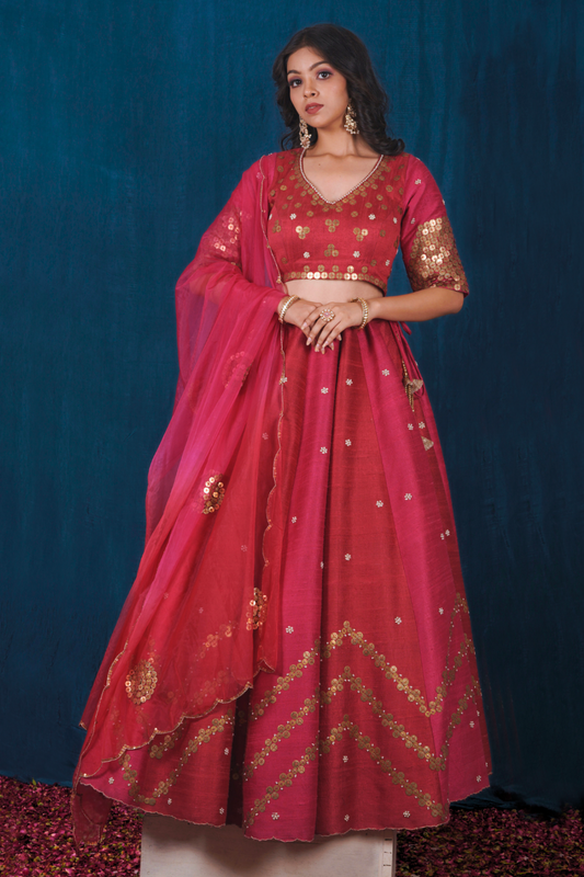 Raw Silk Pink and Red Lehenga Set