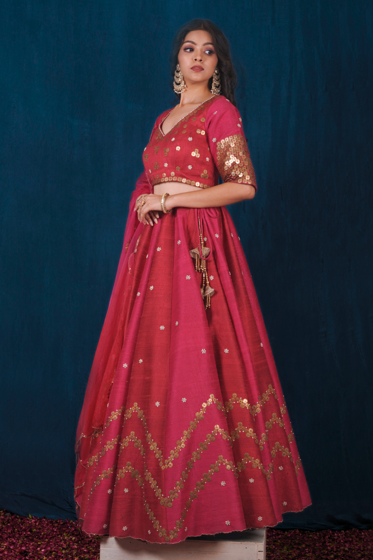 Raw Silk Pink and Red Lehenga Set