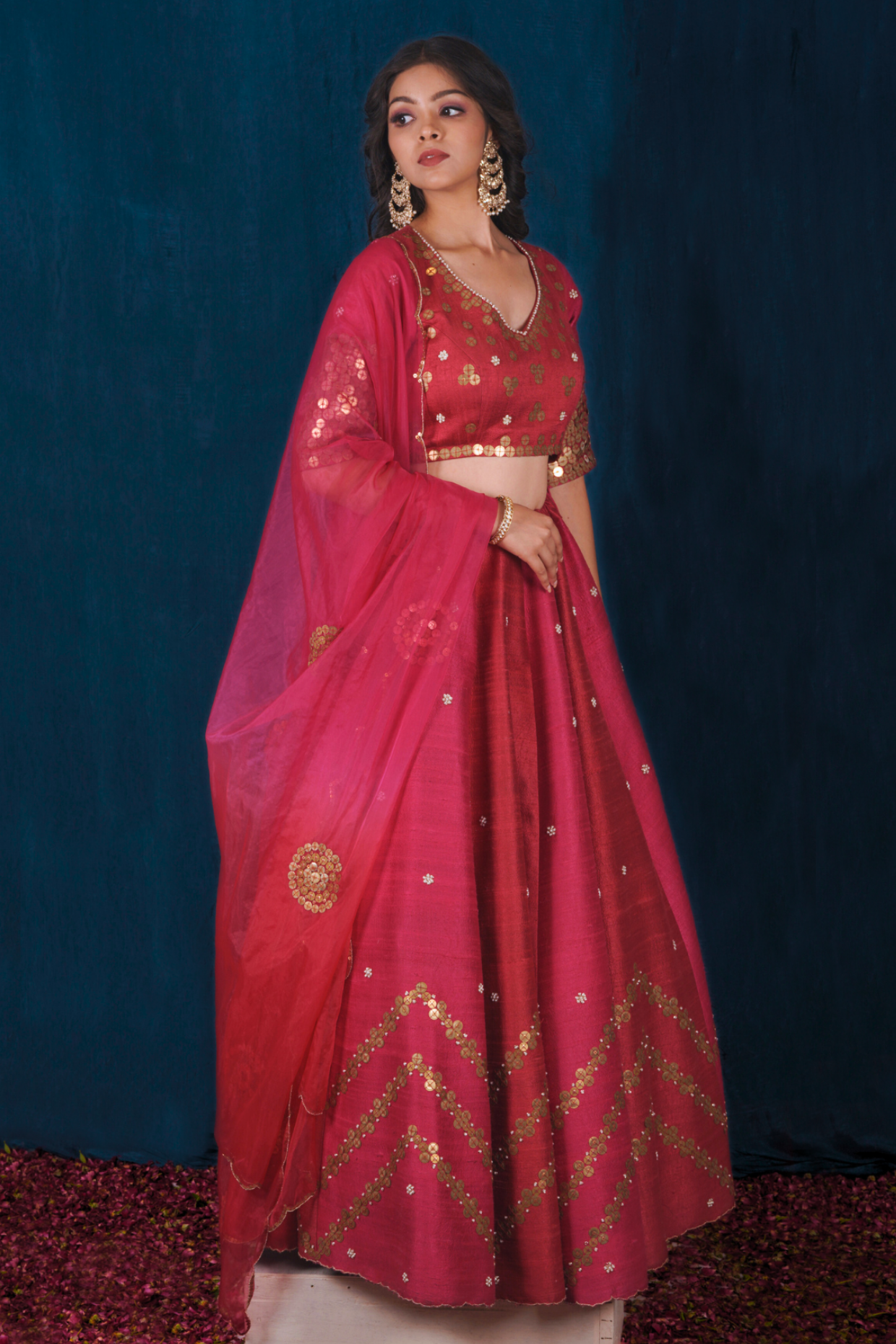 Raw Silk Pink and Red Lehenga Set